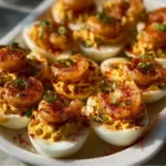 Cajun shrimp deviled eggs on a platter garnished with herbs