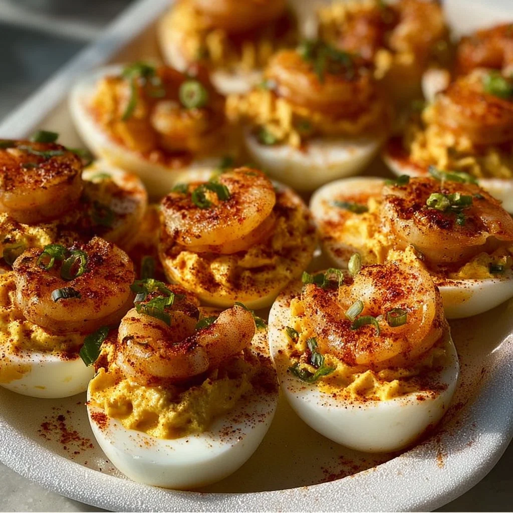 Cajun shrimp deviled eggs on a platter garnished with herbs
