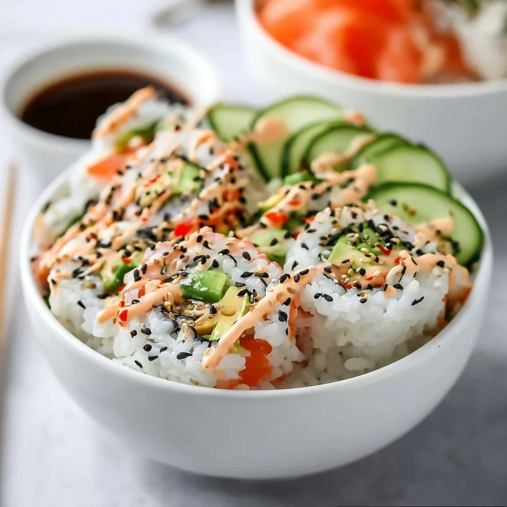California Roll Sushi Bowl featuring sushi rice, crab, avocado, and cucumber.