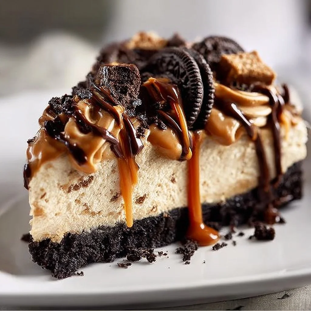 Caramel Reese's Oreo Cheesecake Delight topped with crushed Oreos and caramel sauce.