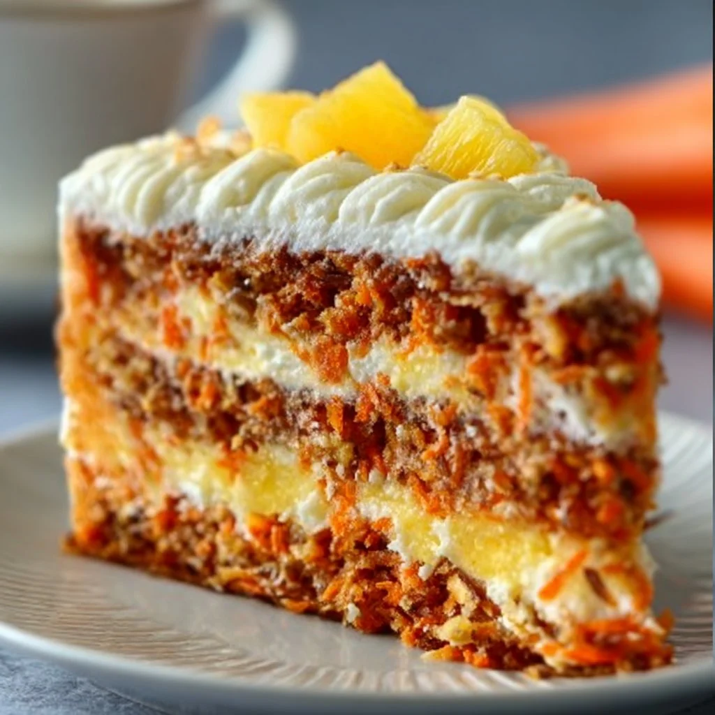 Delicious carrot cake with pineapple, topped with cream cheese frosting.