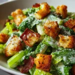Celery Caesar salad with homemade croutons served in a bowl