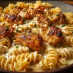 Cheesy Cajun Garlic Chicken Rotini Skillet 4 Cheesy Cajun Garlic Chicken Rotini Skillet on a wooden table