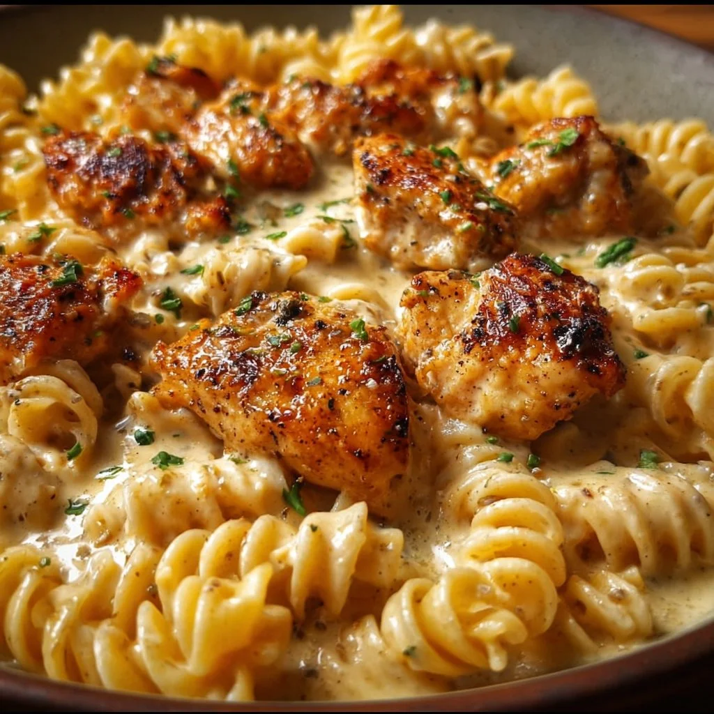 Cheesy Cajun Garlic Chicken Rotini Skillet on a wooden table