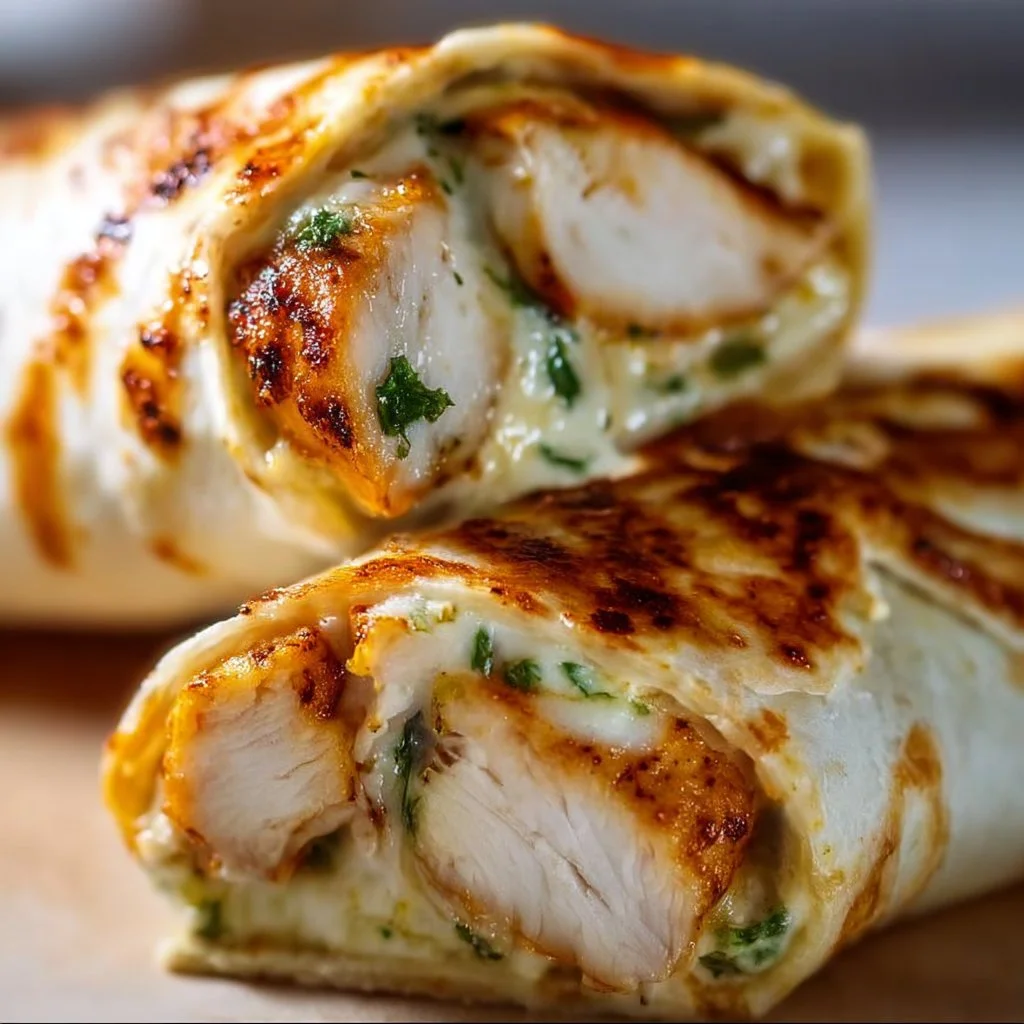 Delicious cheesy garlic chicken wraps served on a plate with fresh vegetables