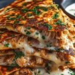 Cheesy hot honey chicken quesadillas served with dipping sauce