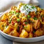 Cheesy taco potatoes served in a colorful dish topped with fresh ingredients.