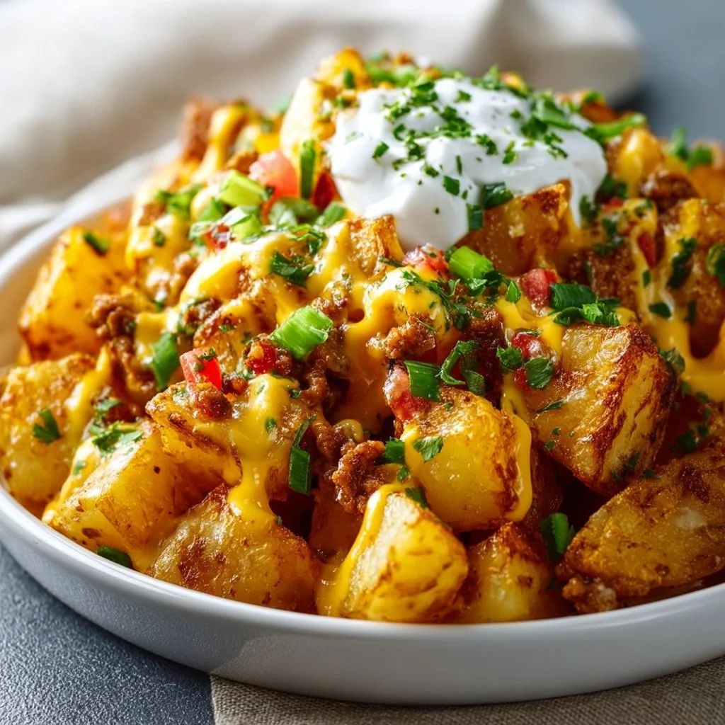 Cheesy taco potatoes served in a colorful dish topped with fresh ingredients.