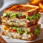 Chicken Avocado Melt Sandwich 4 Chicken Avocado Melt Sandwich with cheese and fresh ingredients on toasted bread.