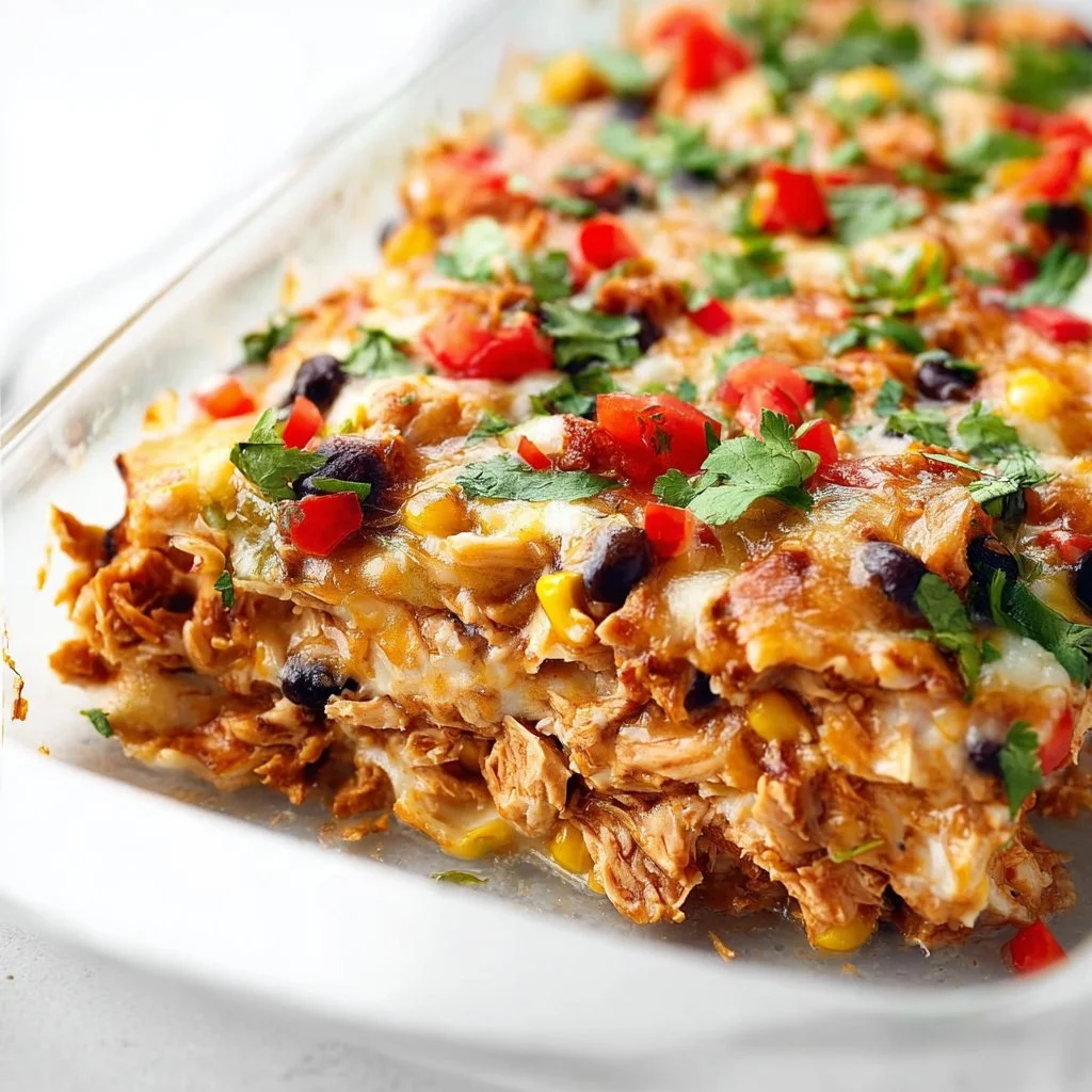 Delicious Chicken Burrito Casserole ready to serve with toppings