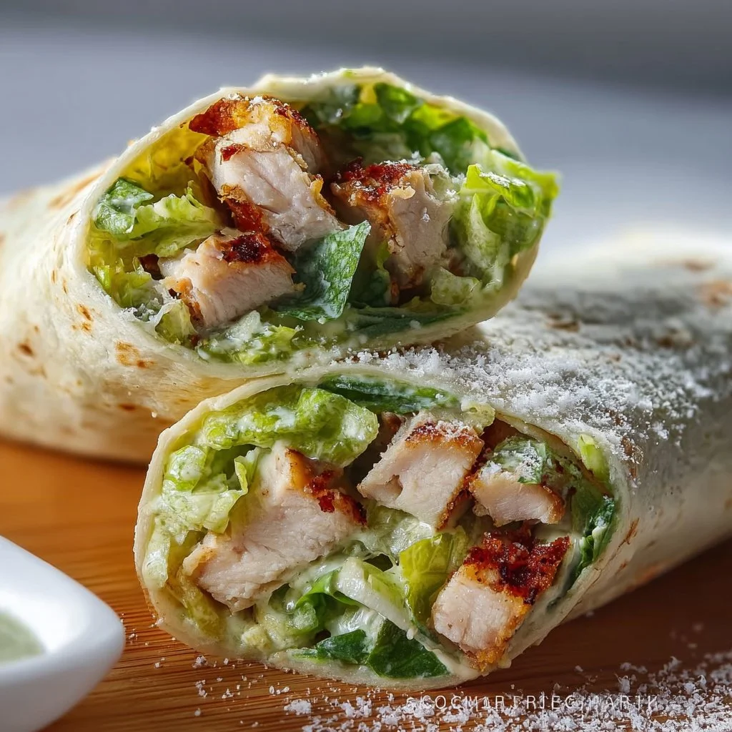 Delicious Chicken Caesar Wraps filled with grilled chicken, lettuce, and Caesar dressing