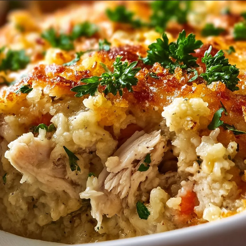 Delicious Chicken Cauliflower Rice Casserole served in a dish