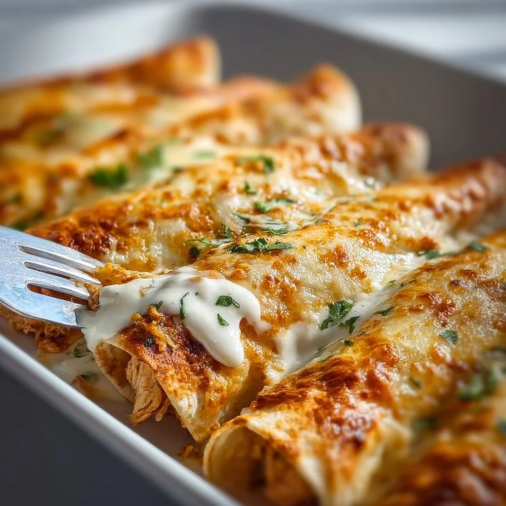 Plate of homemade chicken enchiladas topped with cheese and salsa