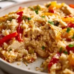 Chicken Fajita Rice Casserole topped with vibrant veggies and spices
