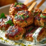 Delicious chicken kofta served with garlic yogurt sauce on a plate.