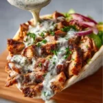 A plate of juicy Chicken Shawarma served with fresh herbs and pita bread.