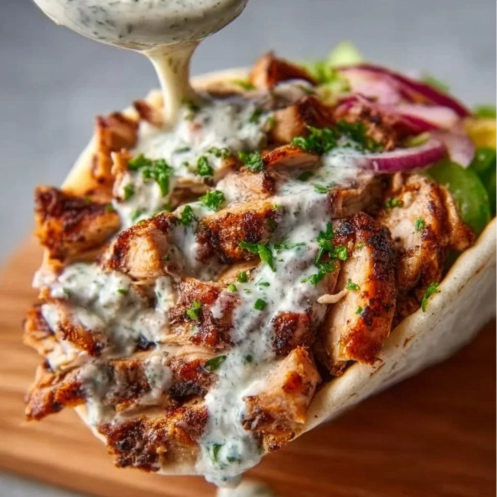 A plate of juicy Chicken Shawarma served with fresh herbs and pita bread.