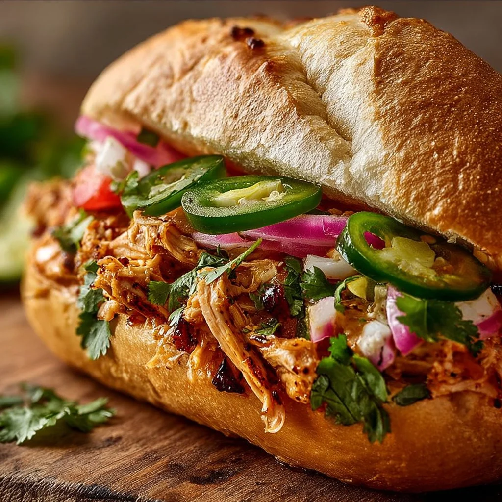 Delicious Chicken Torta sandwich with grilled chicken and fresh toppings