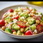 Chickpea Feta Avocado Salad with fresh vegetables and herbs.