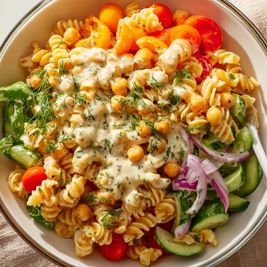 Colorful chickpea pasta salad filled with fresh vegetables and herbs