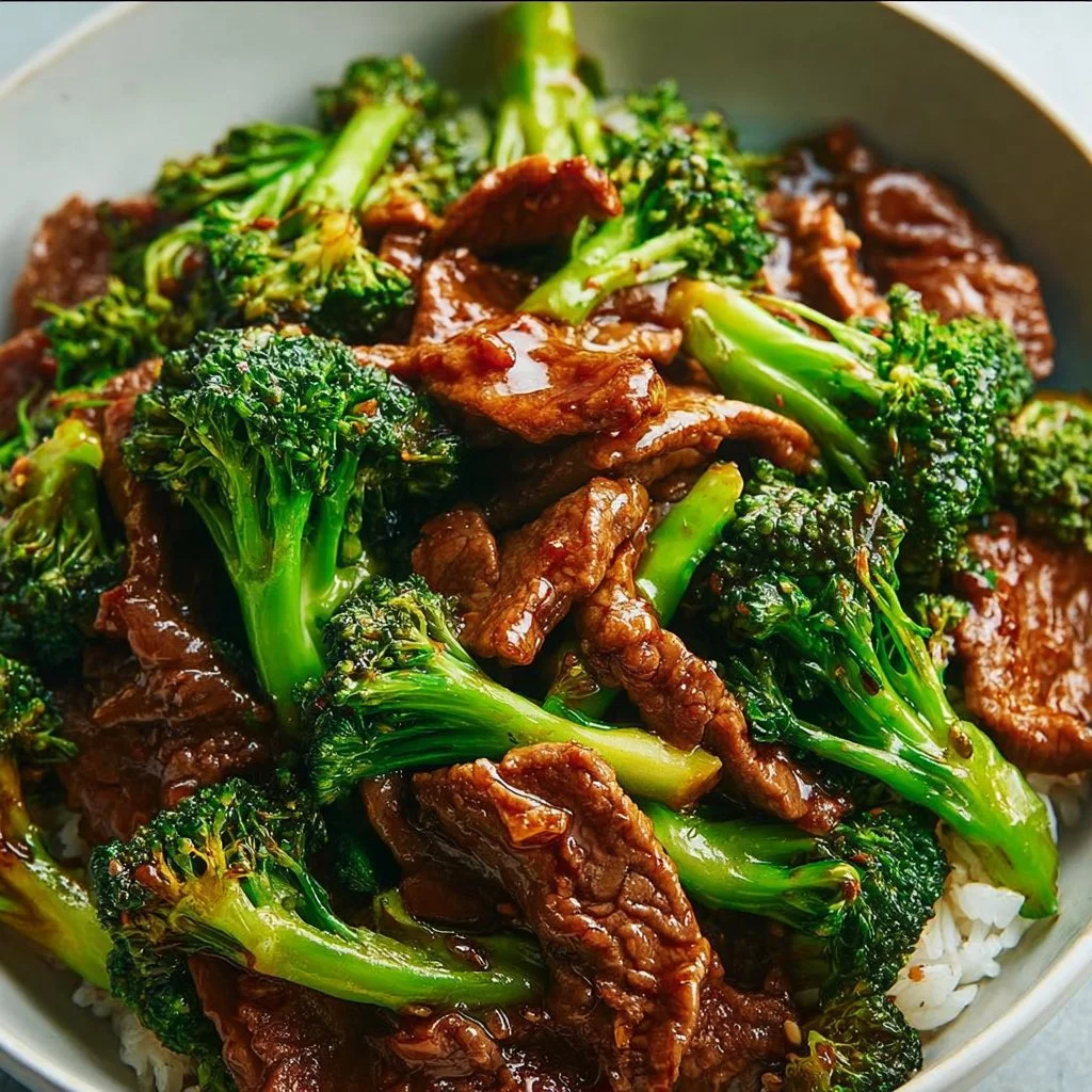 A plate of Chinese Beef and Broccoli featuring tender beef and fresh broccoli in a savory sauce.