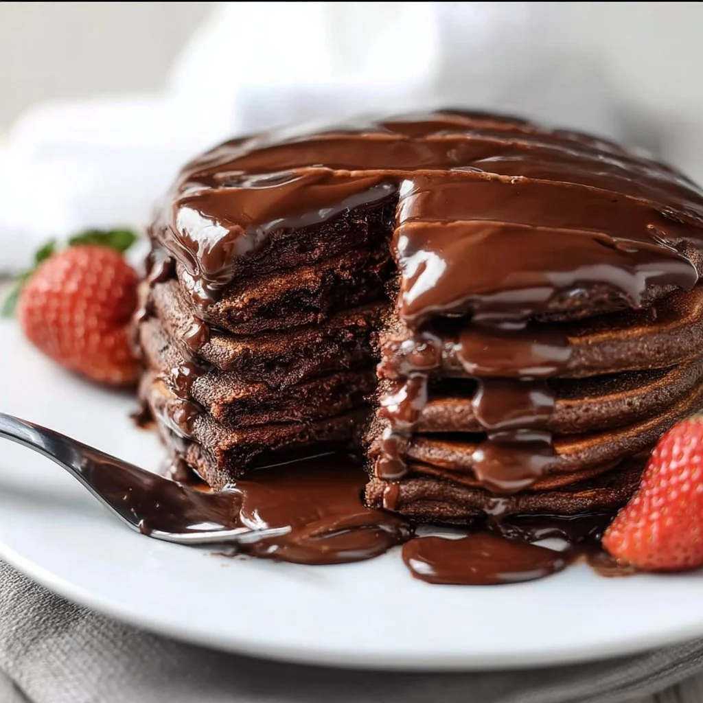 Delicious stack of chocolate pancakes with syrup and chocolate chips