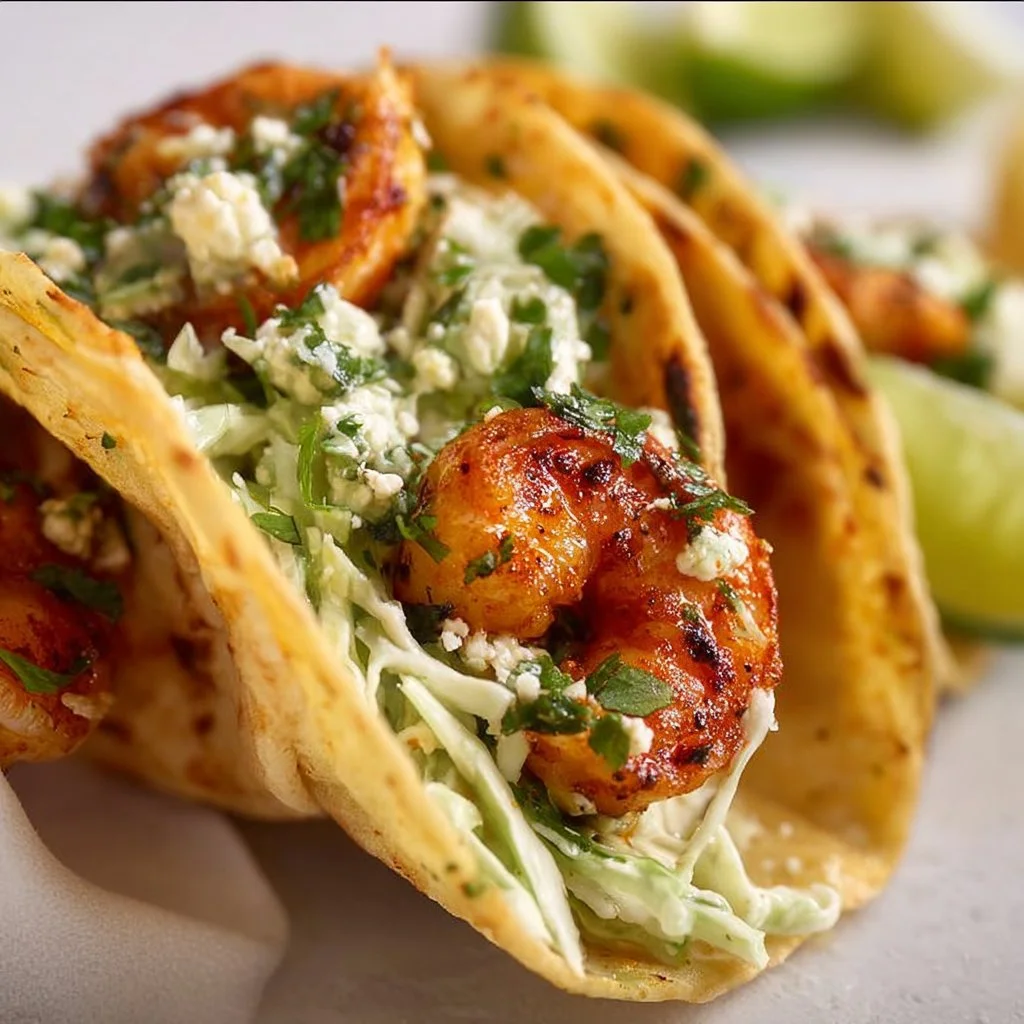 Cilantro lime shrimp tacos served with creamy slaw on a plate