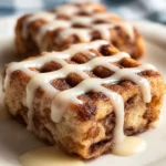 Delicious Cinnamon Roll Bliss Bars topped with creamy frosting on a plate.