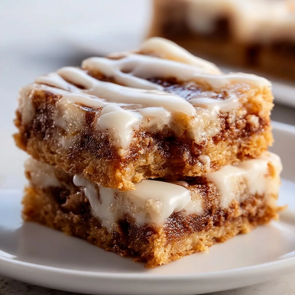 Delicious Cinnamon Roll Bliss Bars topped with creamy icing and cinnamon.