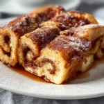 Delicious Cinnamon Roll French Toast Casserole served with icing and berries