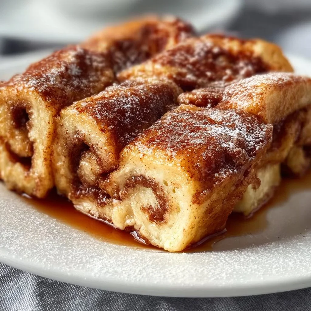 Delicious Cinnamon Roll French Toast Casserole served with icing and berries