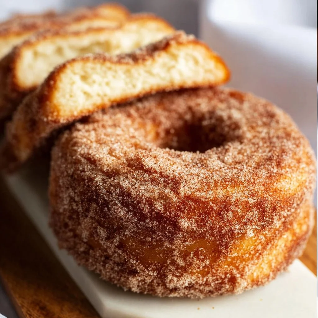 Sliced cinnamon sugar donut bread served on a plate