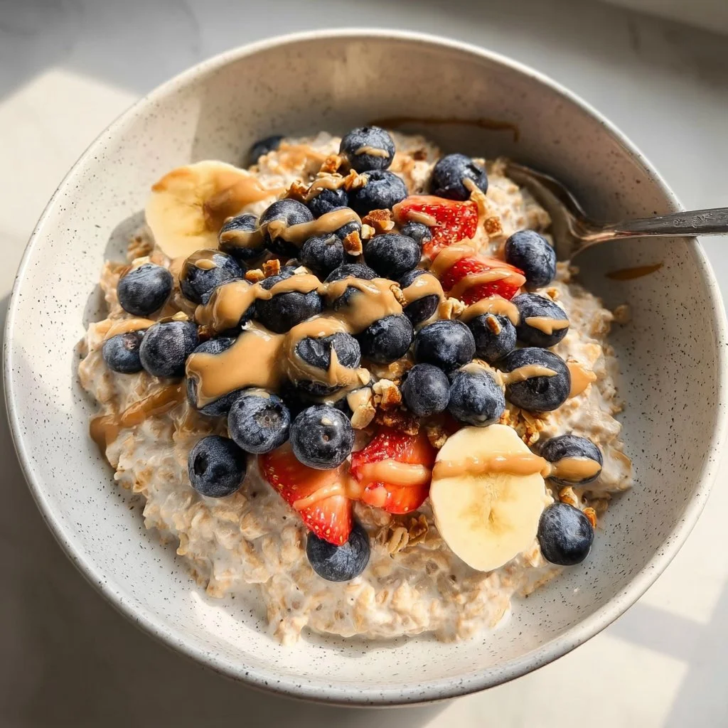 Bowl of classic overnight oats topped with fresh fruits and nuts