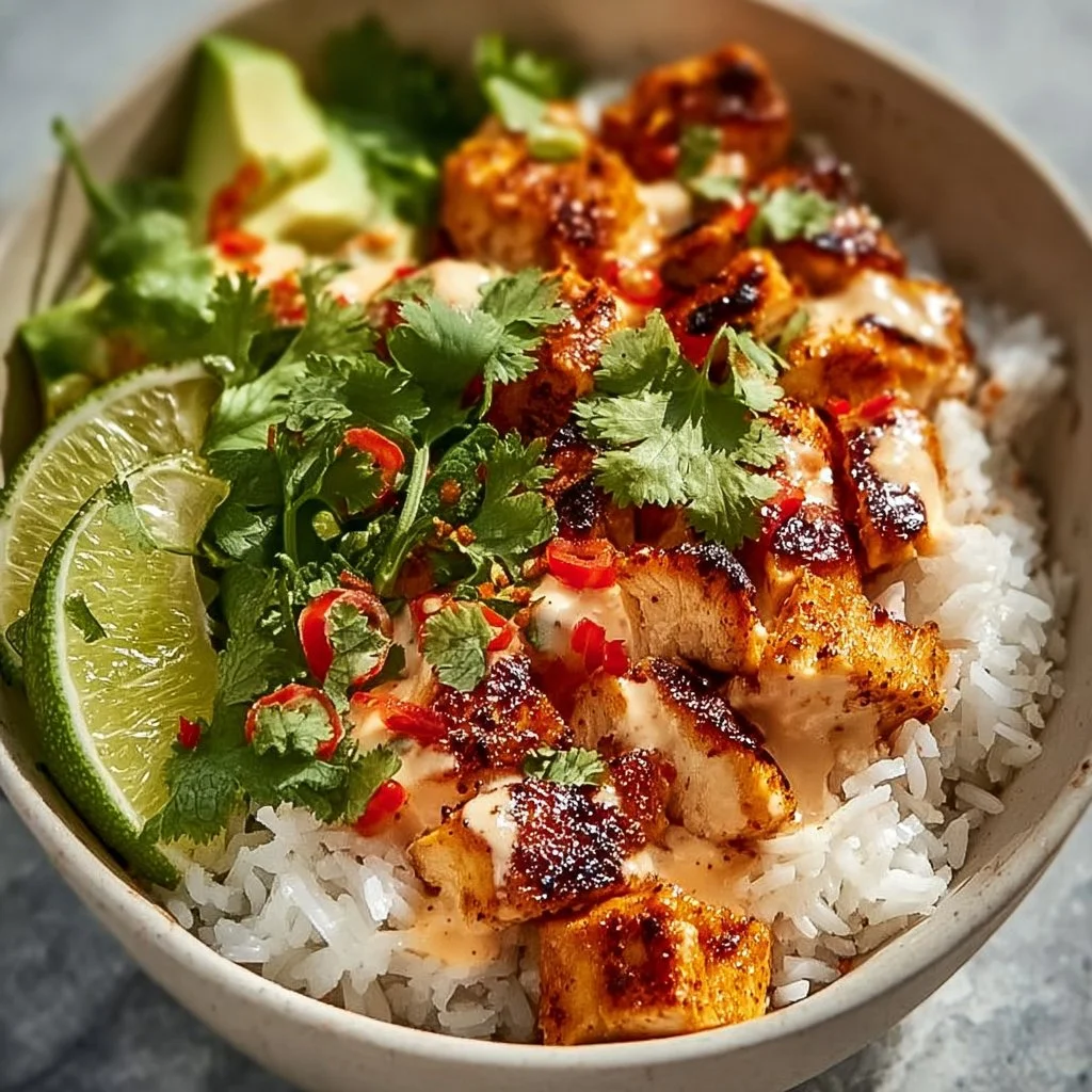 Delicious Coconut Chicken Rice Bowl with tender chicken and coconut rice