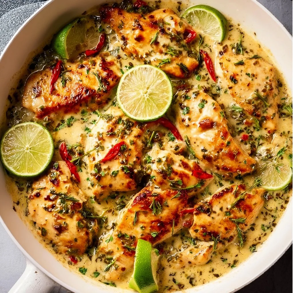 Delicious Coconut Lime Chicken Skillet served with fresh herbs and lime wedges