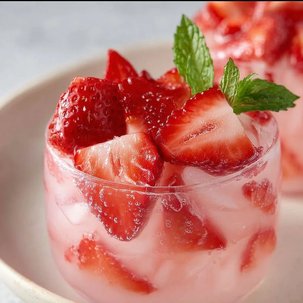 Coconut Strawberry Refresher drink with fresh strawberries and coconut decor