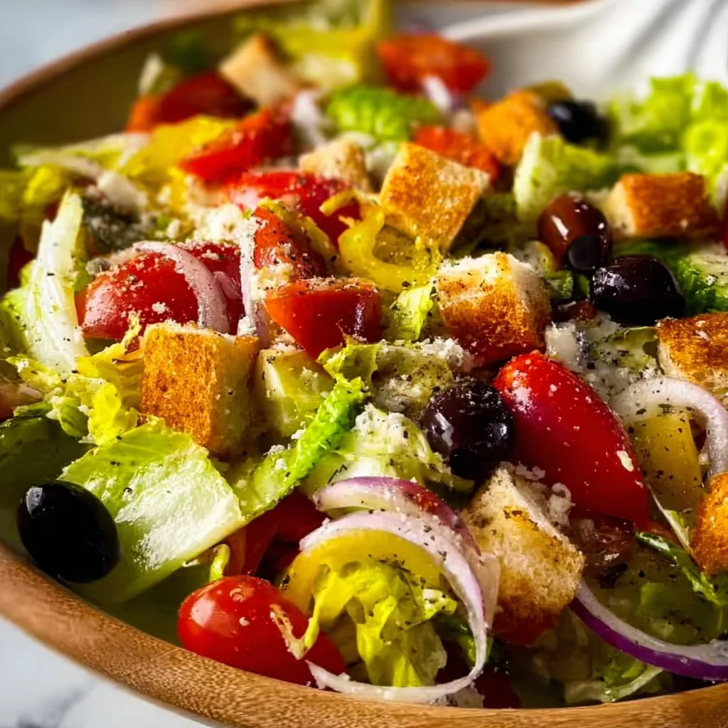 Delicious homemade copycat Olive Garden Salad with fresh vegetables and dressing