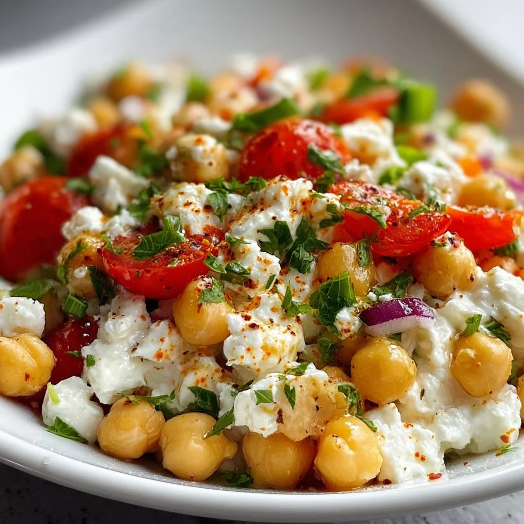 Cottage Cheese and Chickpeas Salad with fresh vegetables and herbs