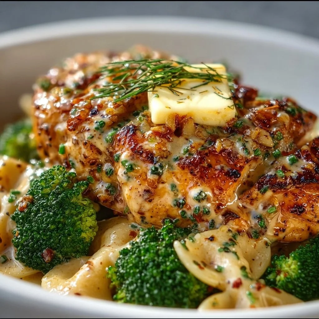 Cowboy Butter Lemon Bowtie Chicken garnished with herbs on a plate