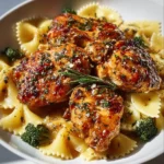 Cowboy Butter Lemon Bowtie Chicken with fresh herbs and lemon slices.