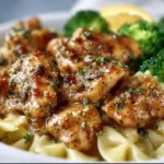 Cooked Cowboy Butter Lemon Bowtie Chicken served with broccoli.
