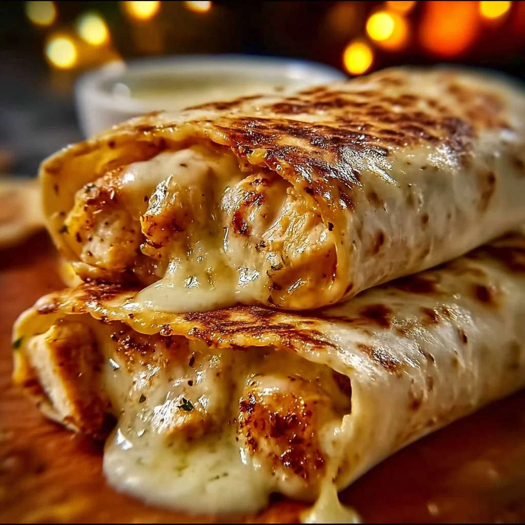 Cozy cheesy garlic chicken wraps filled with melted cheese and tender chicken