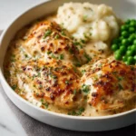Creamy Boursin chicken bake with herbs and cheese, served on a plate.