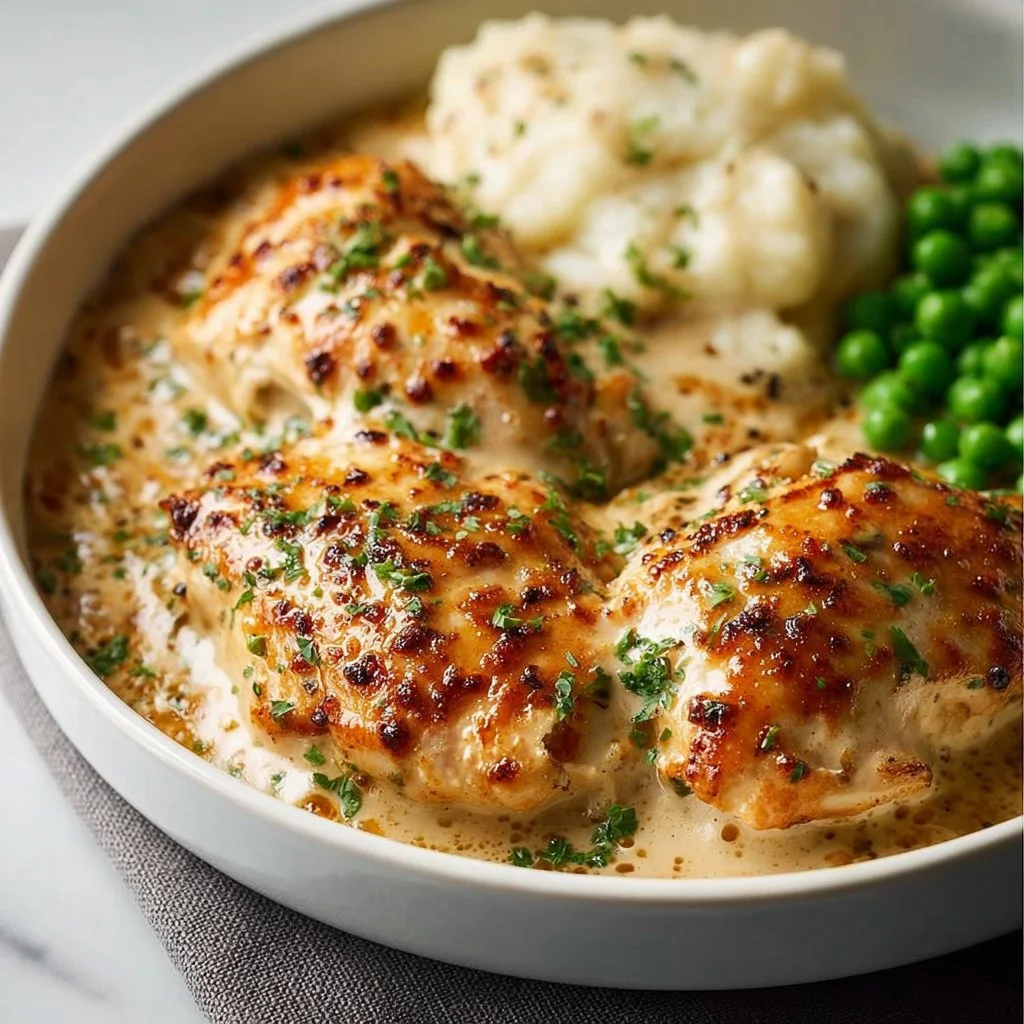 Creamy Boursin chicken bake with herbs and cheese, served on a plate.