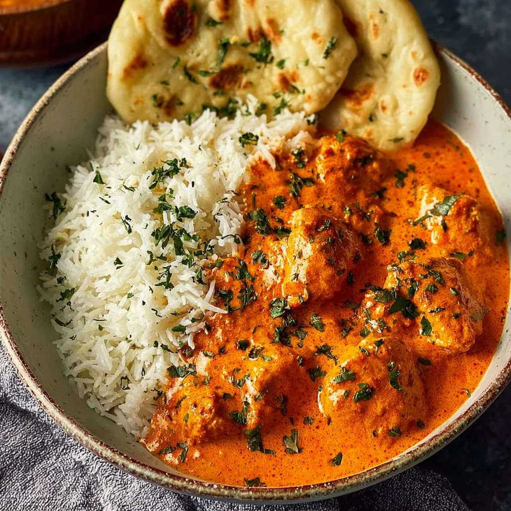 Creamy butter chicken dish served with rice and naan, better than takeout.