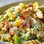 Creamy Chicken Caesar Pasta Salad with fresh ingredients and dressing