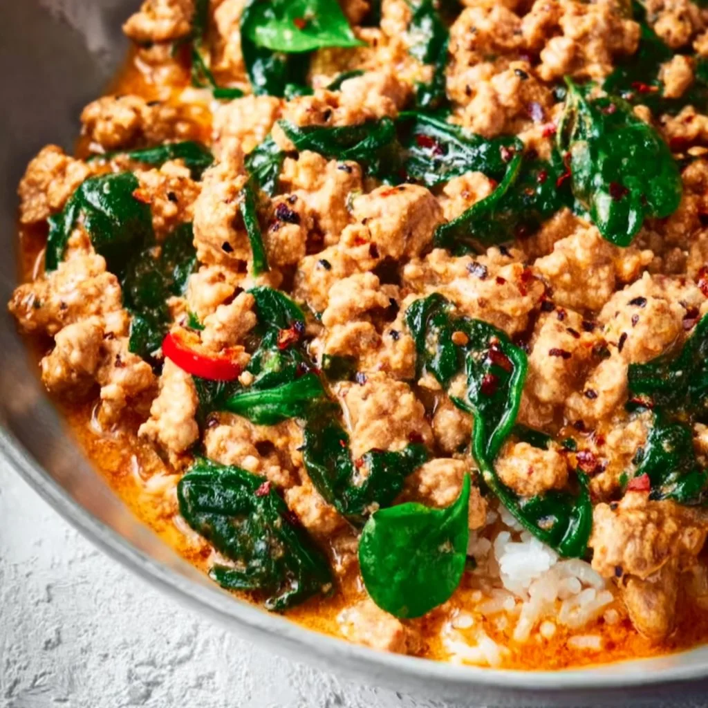 Creamy ground turkey and spinach protein bowl served in a dish