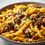 Creamy high-protein beef pasta dish with fresh ingredients and herbs