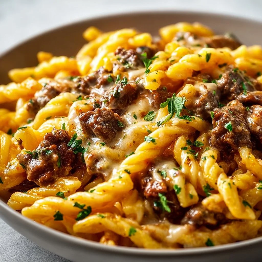 Creamy high-protein beef pasta dish with fresh ingredients and herbs