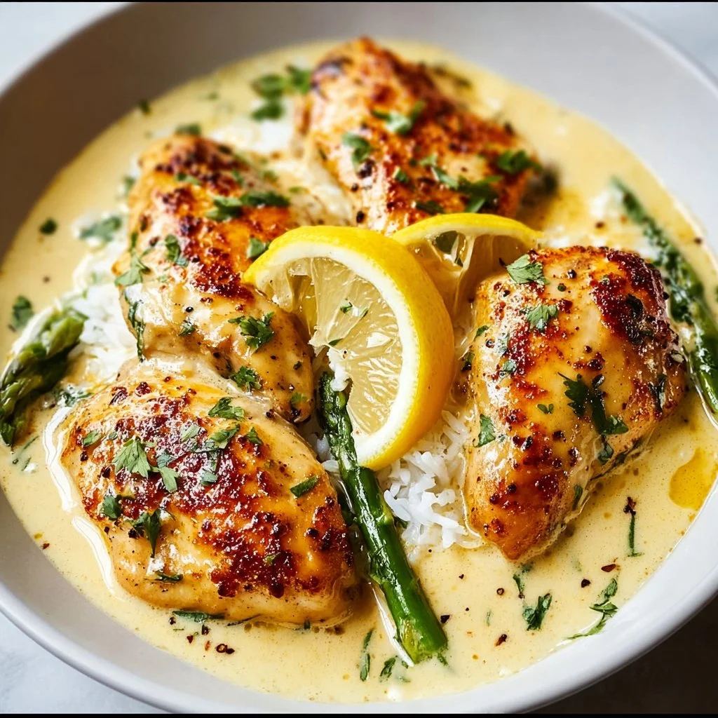 Creamy lemon chicken dish served with fresh herbs on a plate